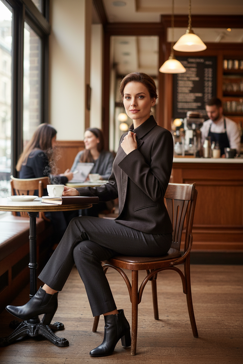 Femme portant un blazer marron Frippindealz en mélange de coton et élasthanne dans un café, style business chic.