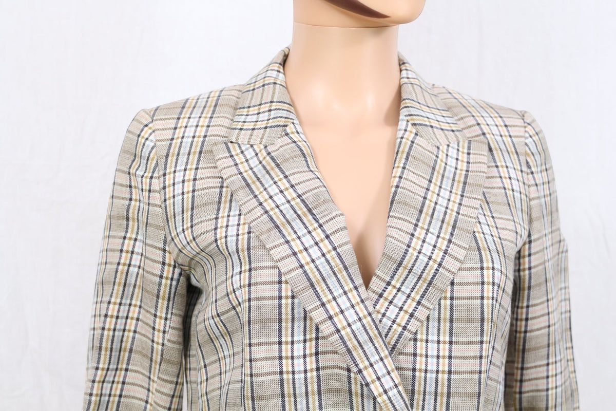 Blazer Frippindealz Massimo Dutti en lin et coton beige à carreaux multicolores, coupe ajustée élégante