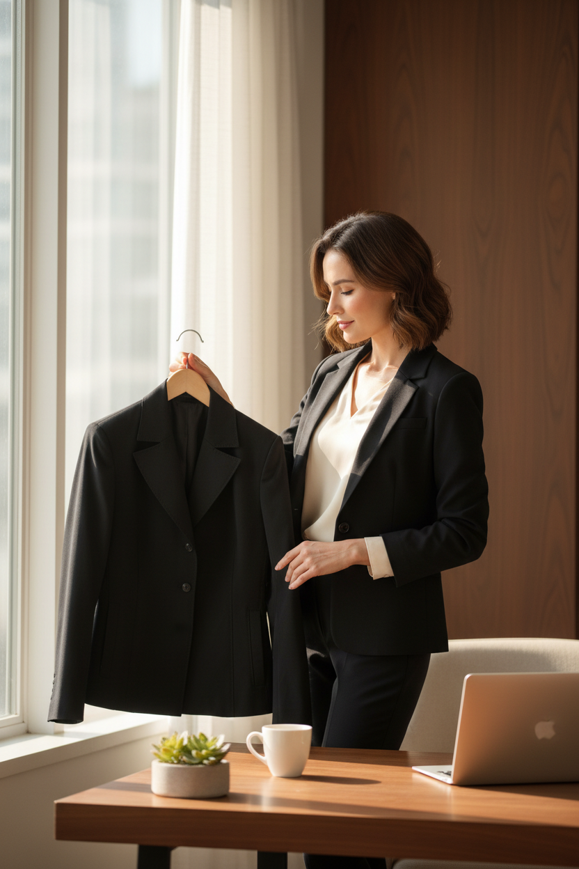 Femme tenant un blazer noir chic Gina B Heidemann sur un cintre dans un bureau lumineux