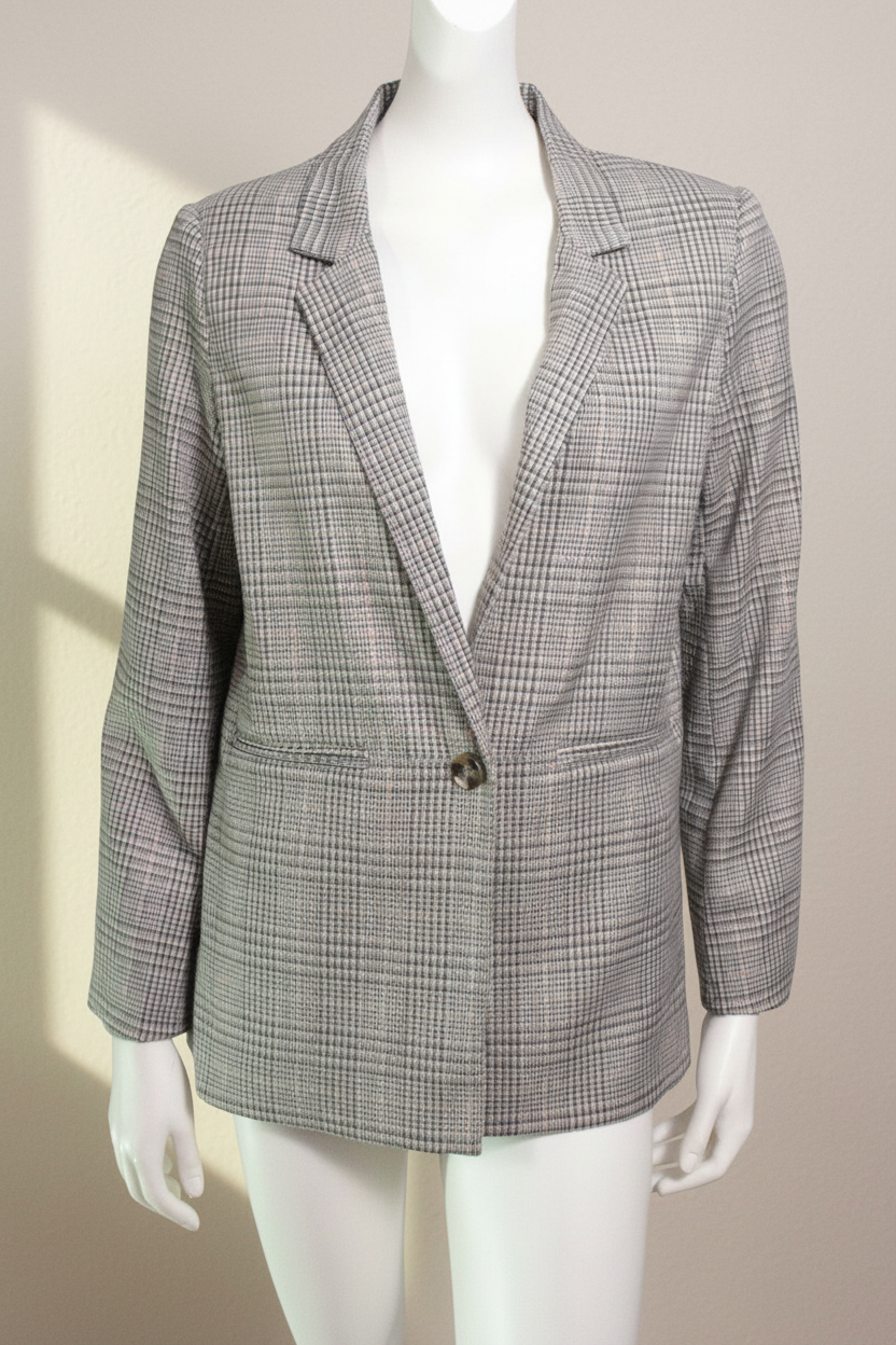 Blazer Frippindealz en polyester à motif carreaux beige, noir et doré, coupe classique et élégante