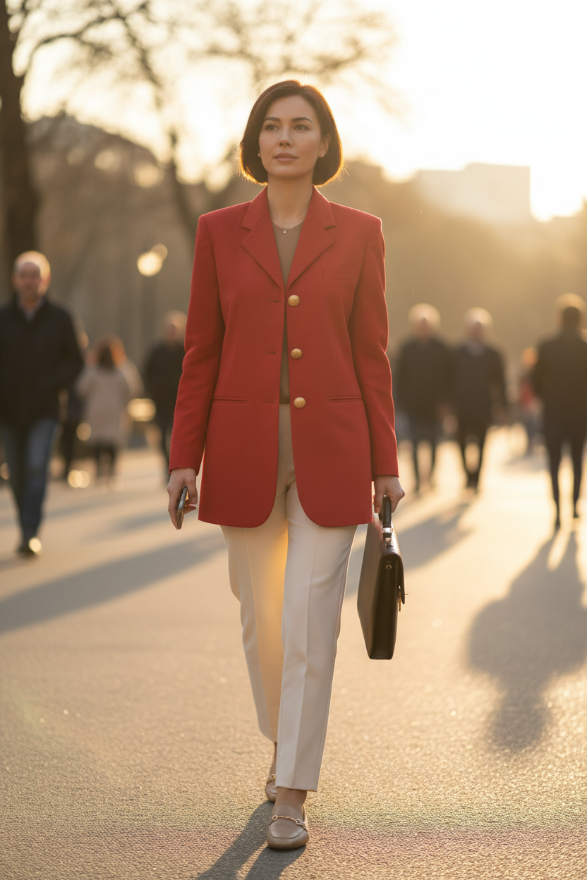 Femme marchant en ville portant un blazer rouge Frippindealz avec boutons dorés sur un pantalon beige