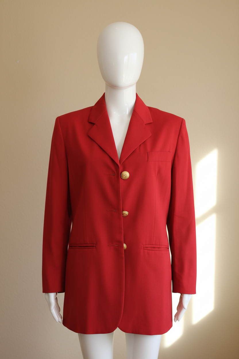 Blazer rouge Frippindealz 3 Suisses en polyester et viscose avec boutons dorés sur mannequin