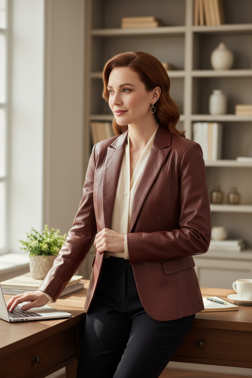 Femme portant un blazer en similicuir marron Frippindealz, style chic et moderne dans un bureau.