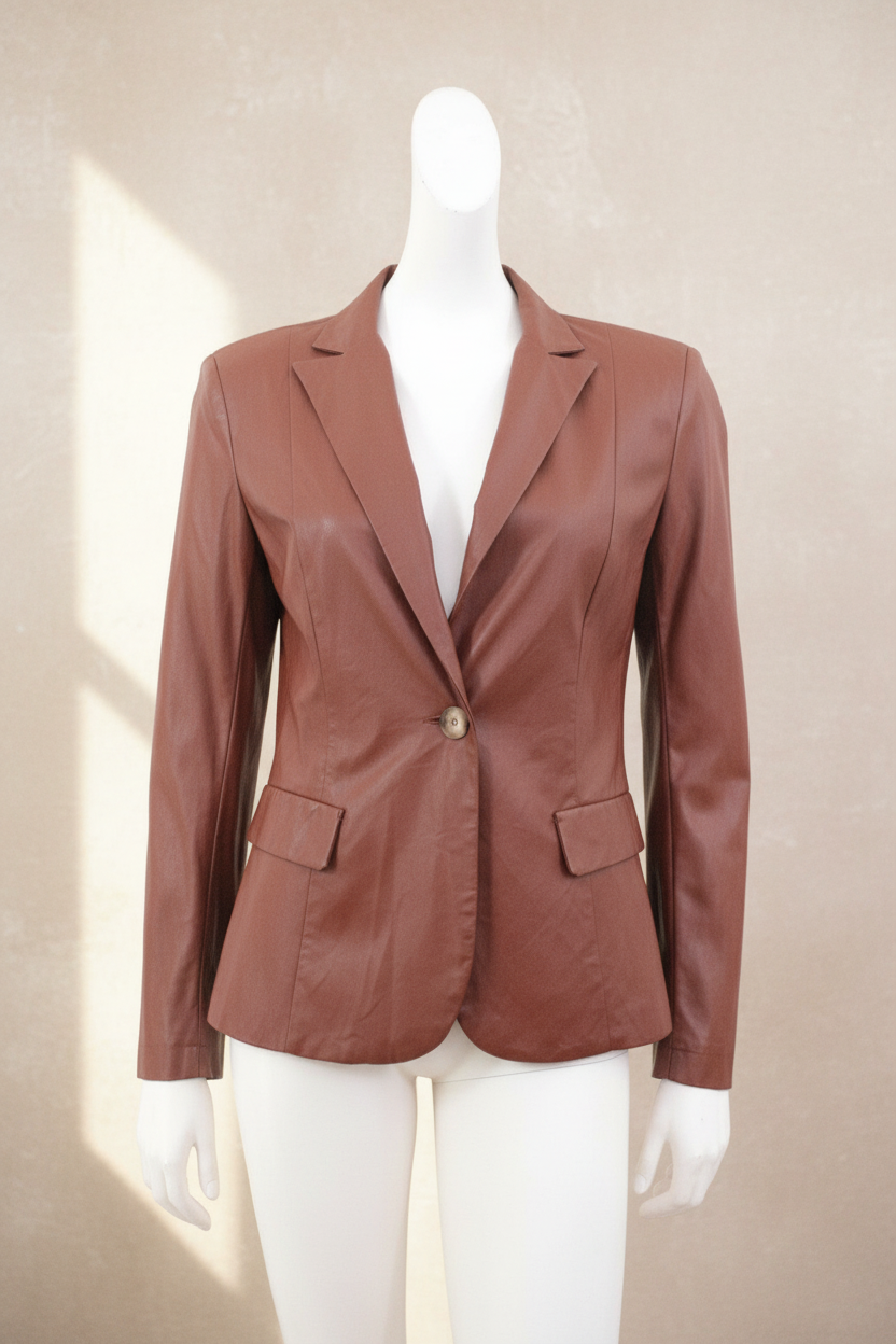 Blazer Frippindealz en similicuir marron avec fermeture à un bouton, coupe cintrée et style italien élégant