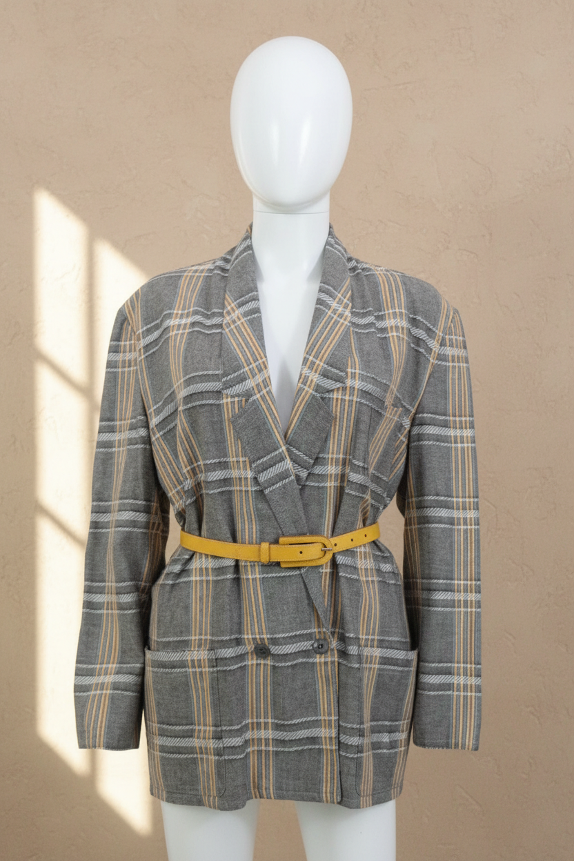 Blazer vintage Frippindealz en polyester gris à carreaux jaunes, coupe droite avec ceinture jaune, style chic