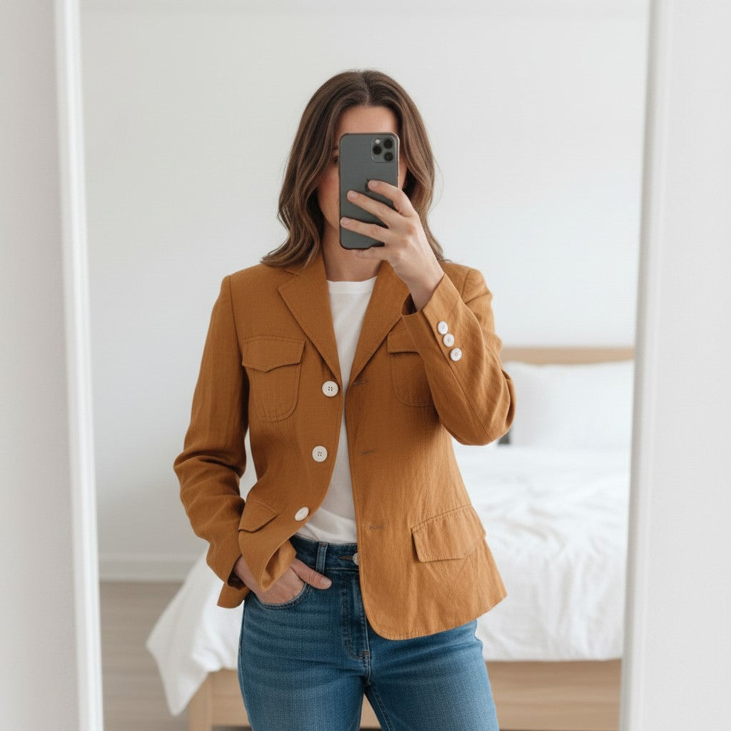 Frippindealz blazer Windsor camel en soie et lin avec boutons contrastants et poches plaquées.