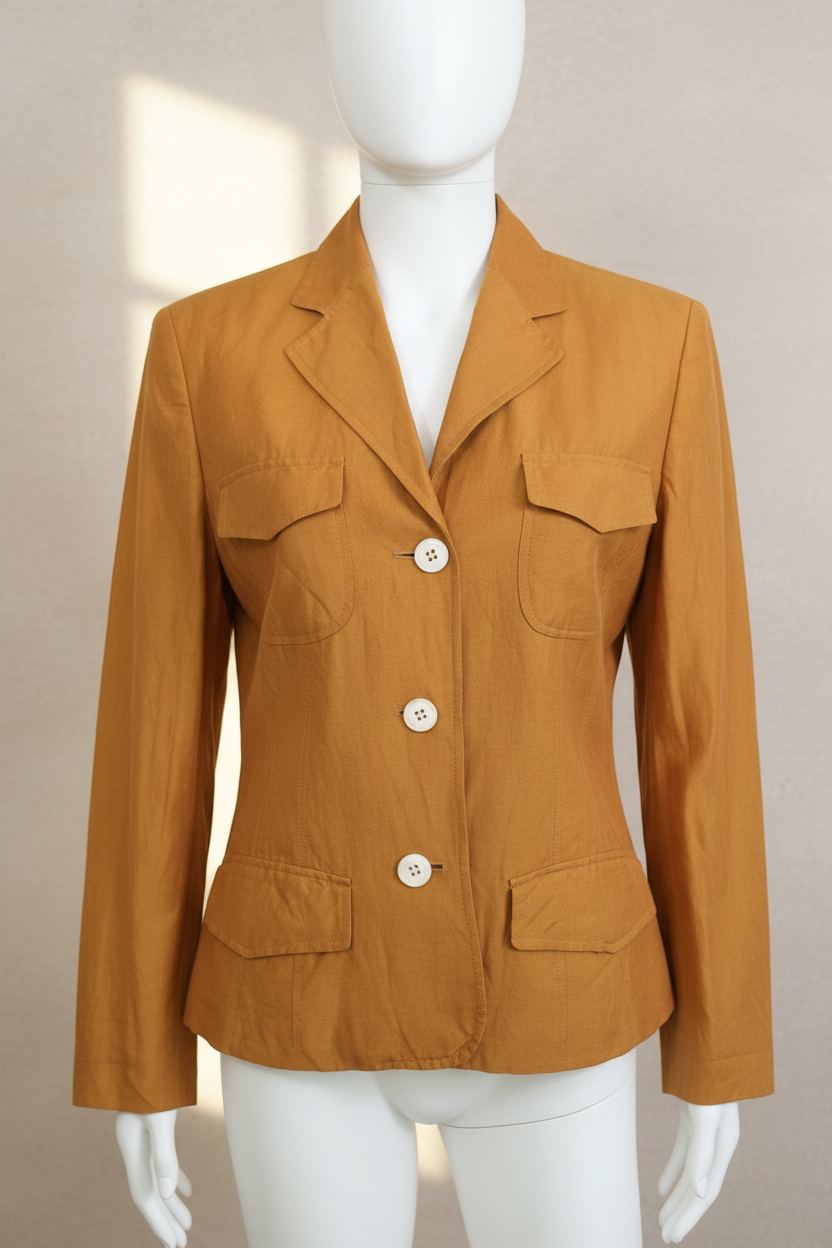Blazer Frippindealz Windsor en mélange de soie et lin camel avec poches à rabat et boutons contrastants