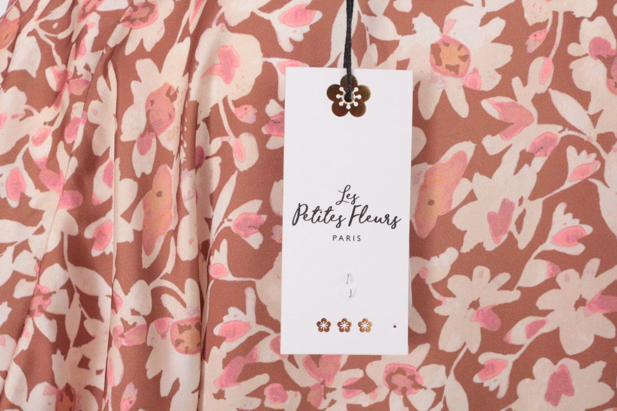 Blouse Frippindealz en tissu satiné marron et vieux rose à motif floral avec étiquette Les Petites Fleurs Paris