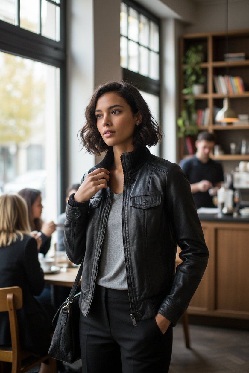 Femme portant un blouson en cuir noir Stradivarius avec col montant, style chic et moderne, Frippindealz