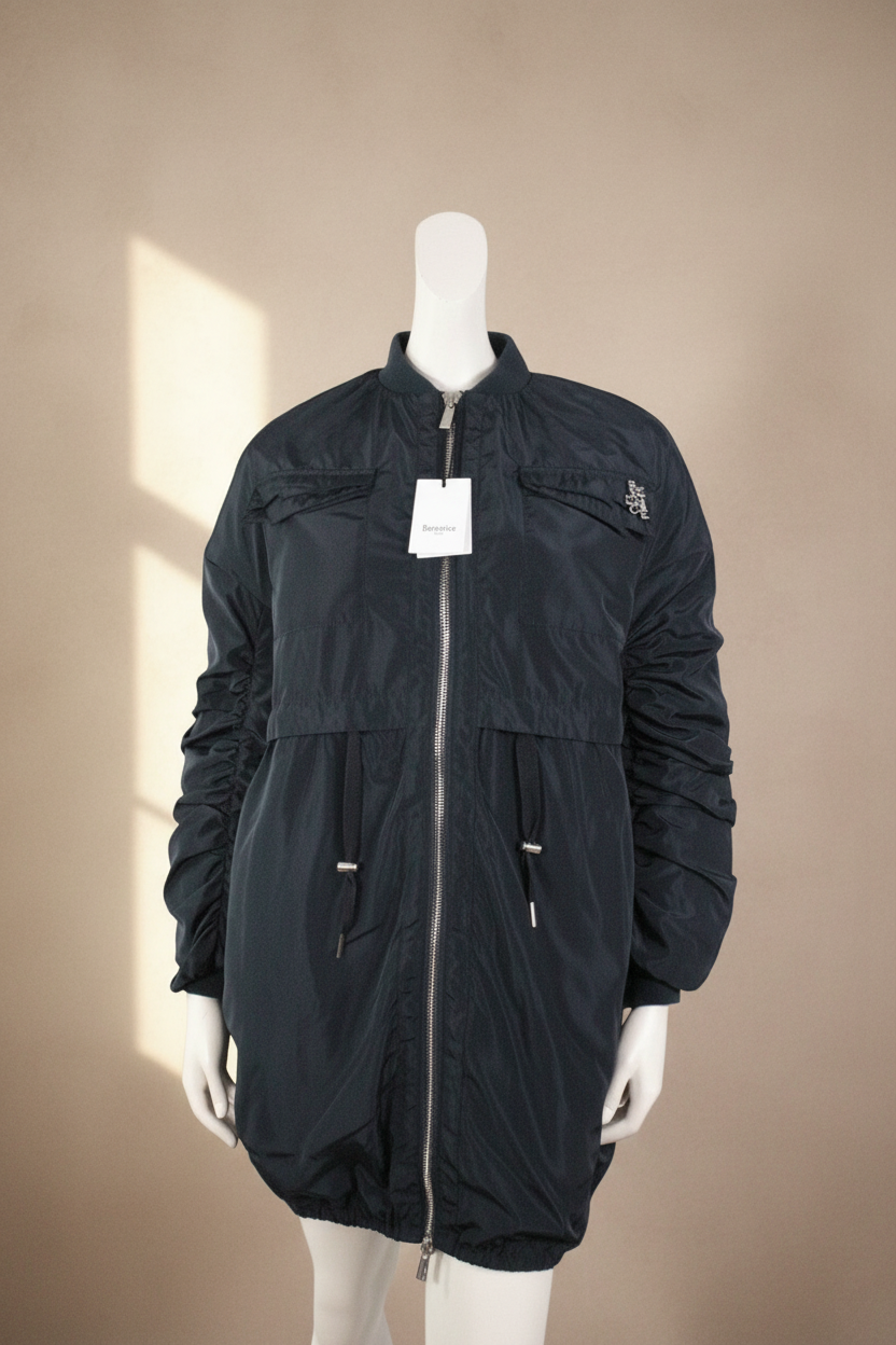Blouson long Frippindealz Berenice bleu marine en polyester avec fermeture éclair et manches froncées, neuf