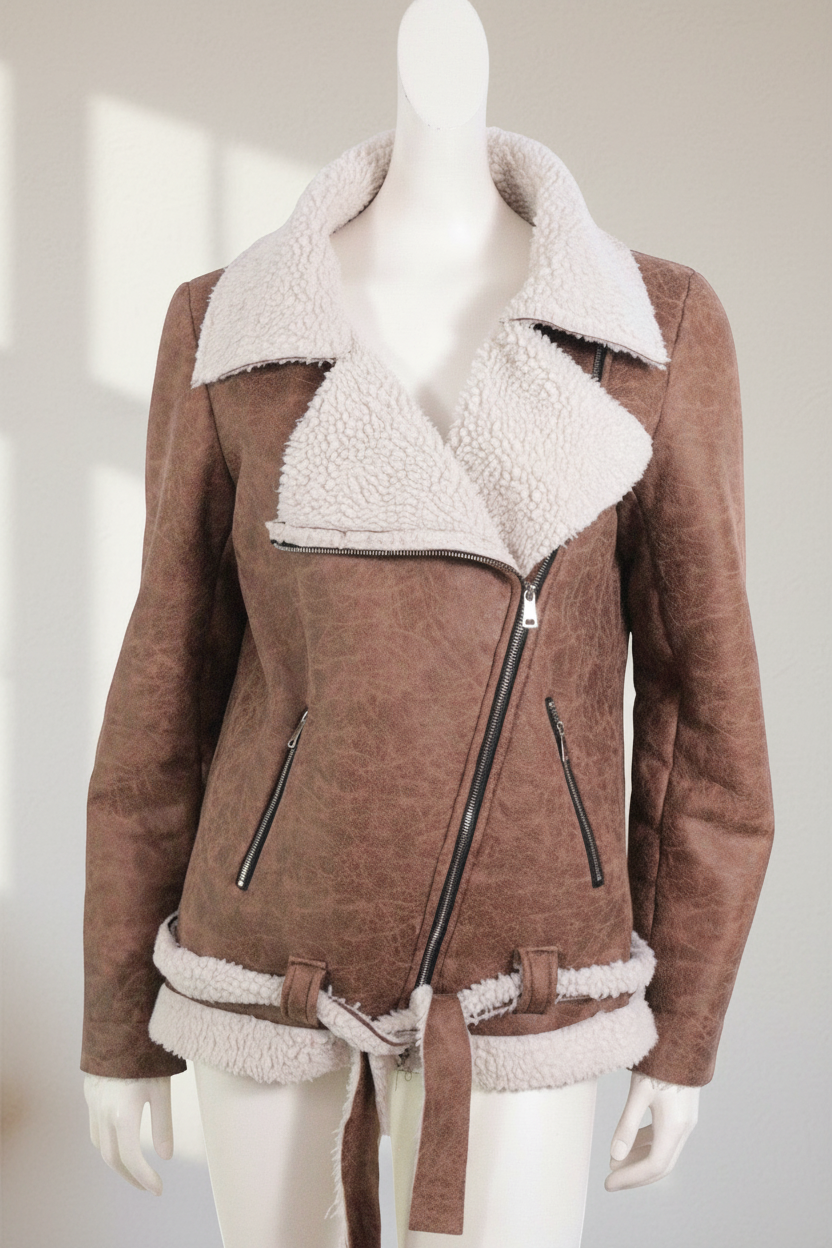 Blouson Frippindealz marron en polyester effet daim avec col en fausse fourrure blanche et fermeture asymétrique