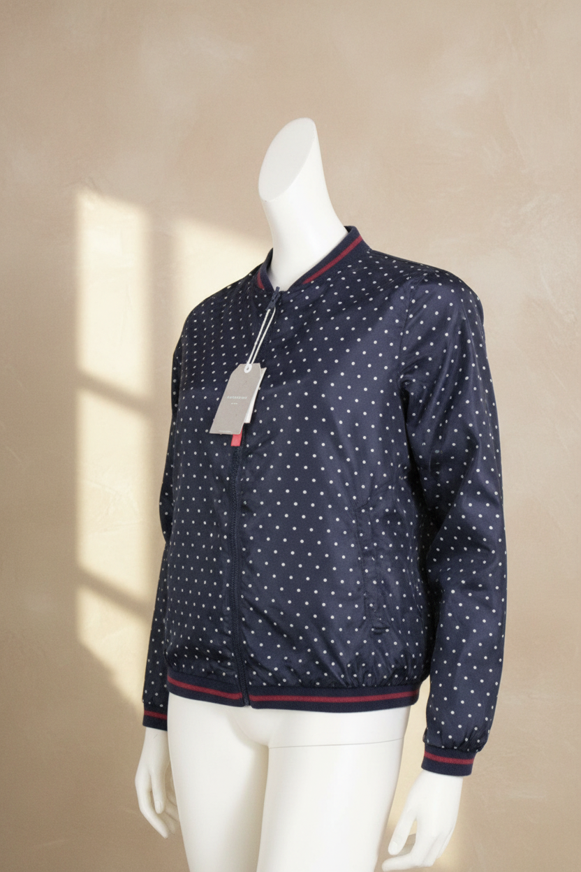Blouson réversible Frippindealz bleu marine à pois blancs avec finitions bordeaux, style bomber en polyester neuf