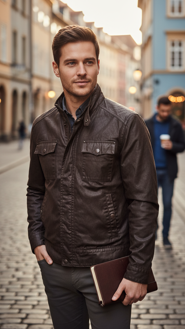 Homme portant un blouson vintage marron Frippindealz en coton et cuir synthétique dans une rue pavée