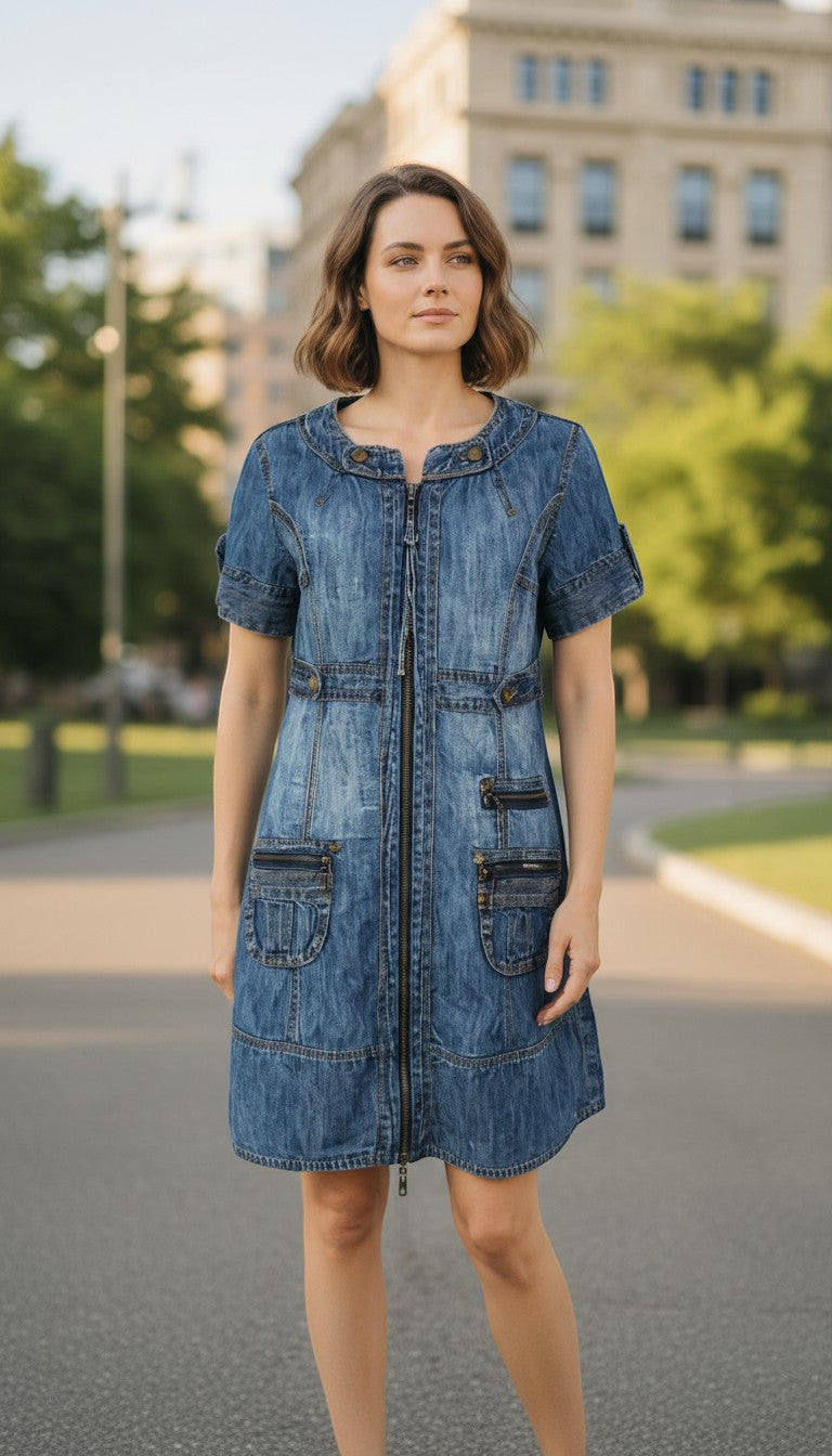 Frippindealz Karen Millen blue denim short sleeve dress with zip front and multiple pockets.