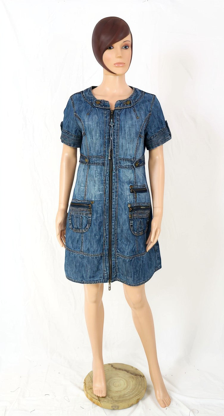 Frippindealz blue denim short-sleeve dress with front zipper and multiple pockets.