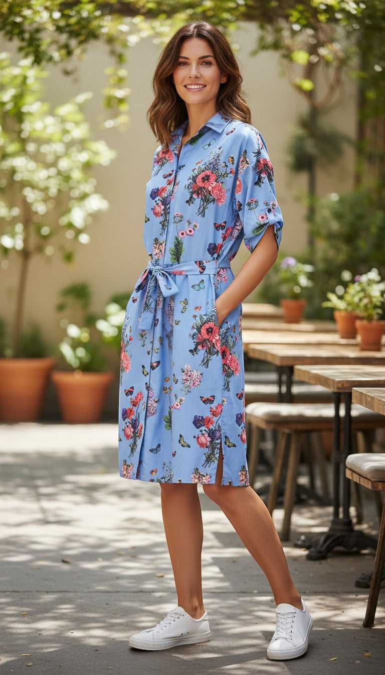 Frippindealz blue polyester midi dress with a vibrant floral and butterfly print, featuring a tie waist and collared neckline.
