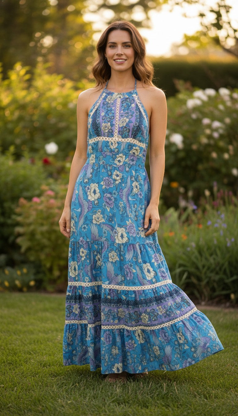 Frippindealz Last Queen blue floral print viscose maxi dress with halter neck and crochet trim