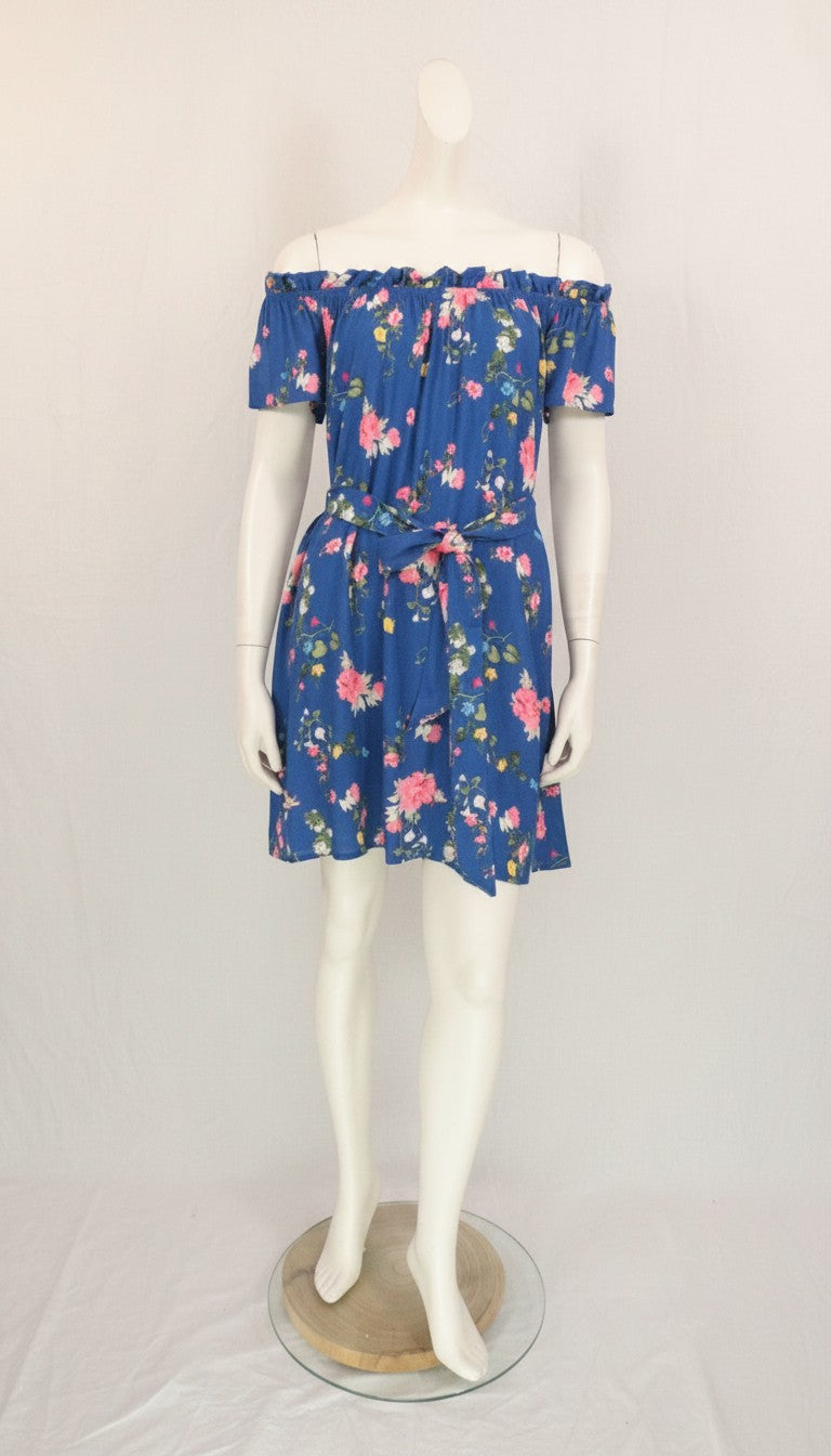Frippindealz blue viscose off-the-shoulder midi dress with floral print and tie belt