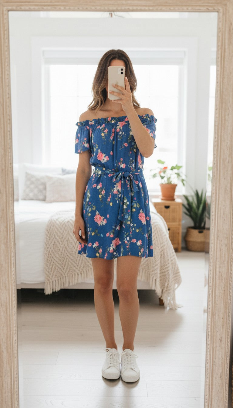 Frippindealz blue viscose off-the-shoulder midi dress with pink floral print and tie belt.