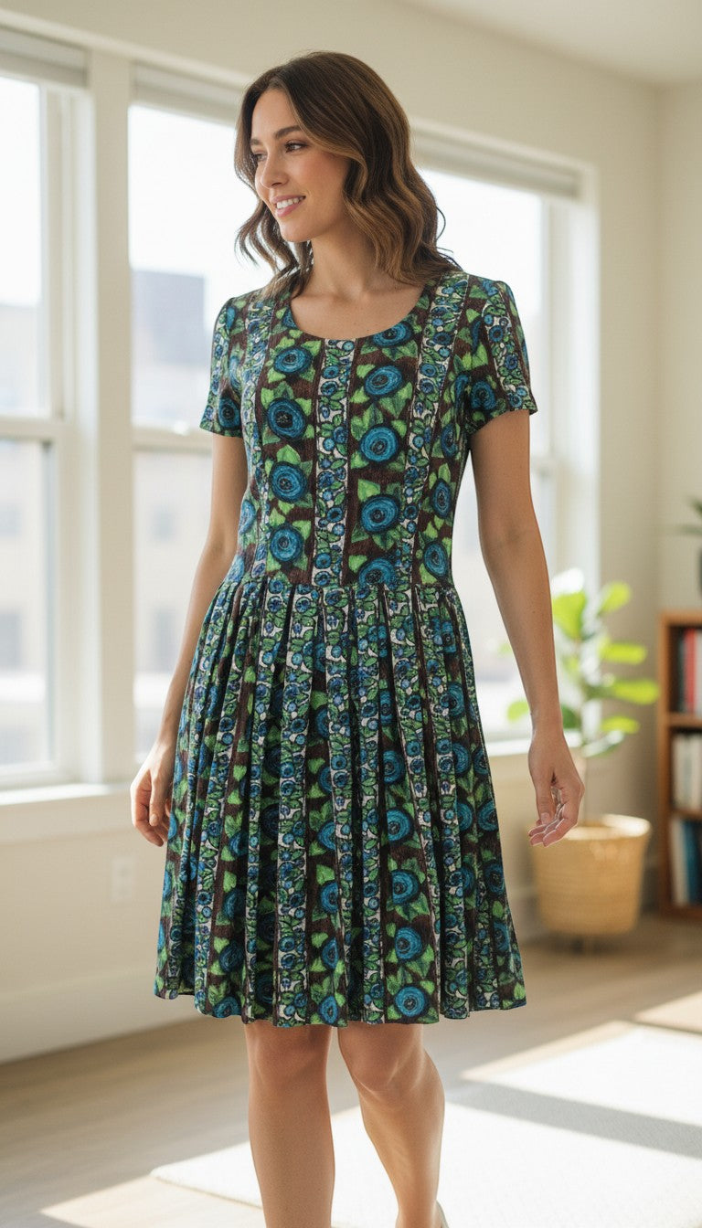 Frippindealz blue, green, and brown floral print cotton dress with short sleeves and a pleated skirt.