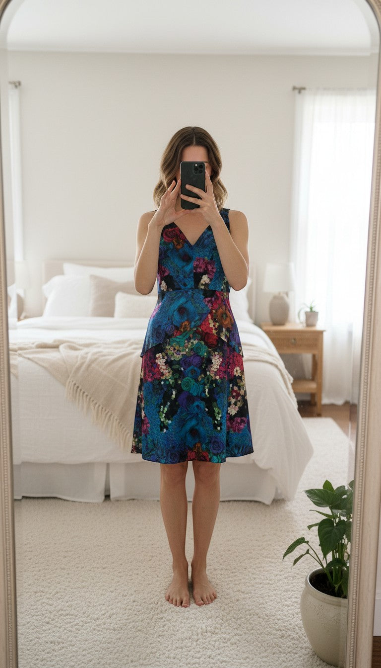 Frippindealz Chine Belgian Design blue multicolore silk floral print sleeveless v-neck dress