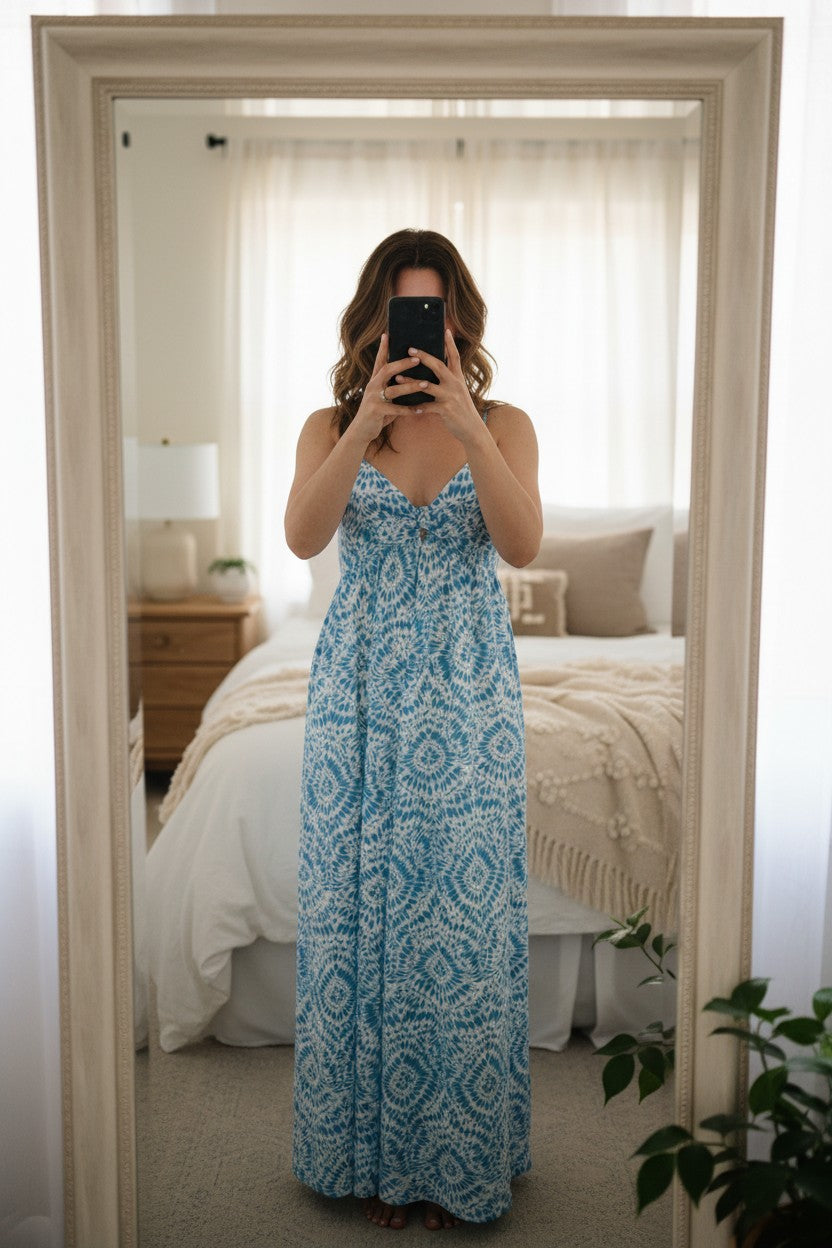 Frippindealz blue and white tie-dye cotton maxi dress with spaghetti straps and a knotted bust detail.
