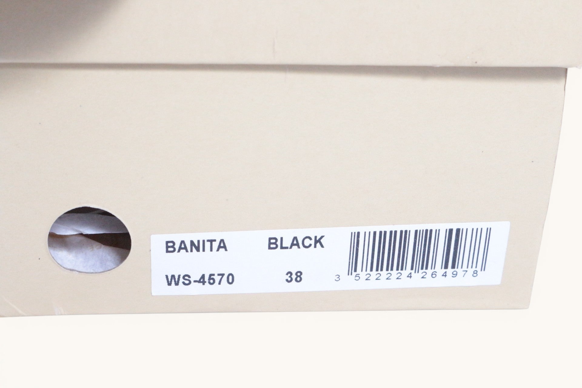 Boîte de chaussures Frippindealz pour sandales White Sun en cuir noir taille 38 avec étiquette de produit