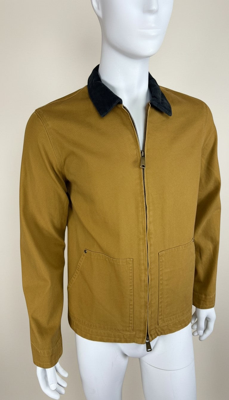 Frippindealz Bonobo mustard yellow cotton jacket with contrasting black corduroy collar and zip closure.