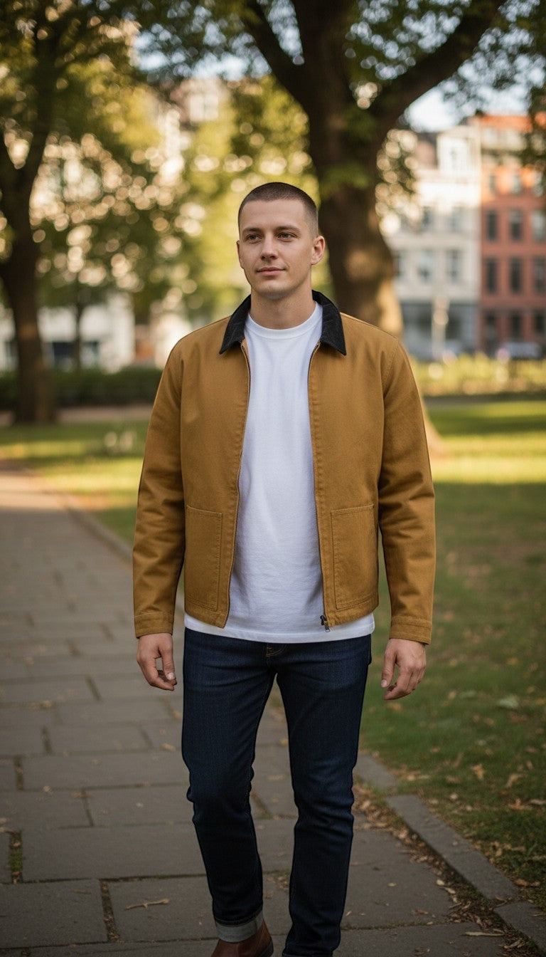 Frippindealz Bonobo mustard yellow cotton jacket with black corduroy collar and zip closure.