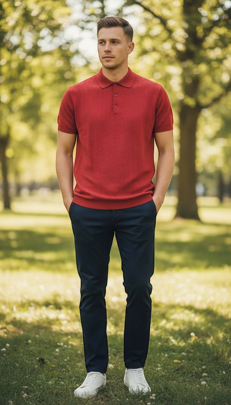 Frippindealz Fyord men's short-sleeve polo shirt in textured bordeaux cotton with a classic collar and button placket.