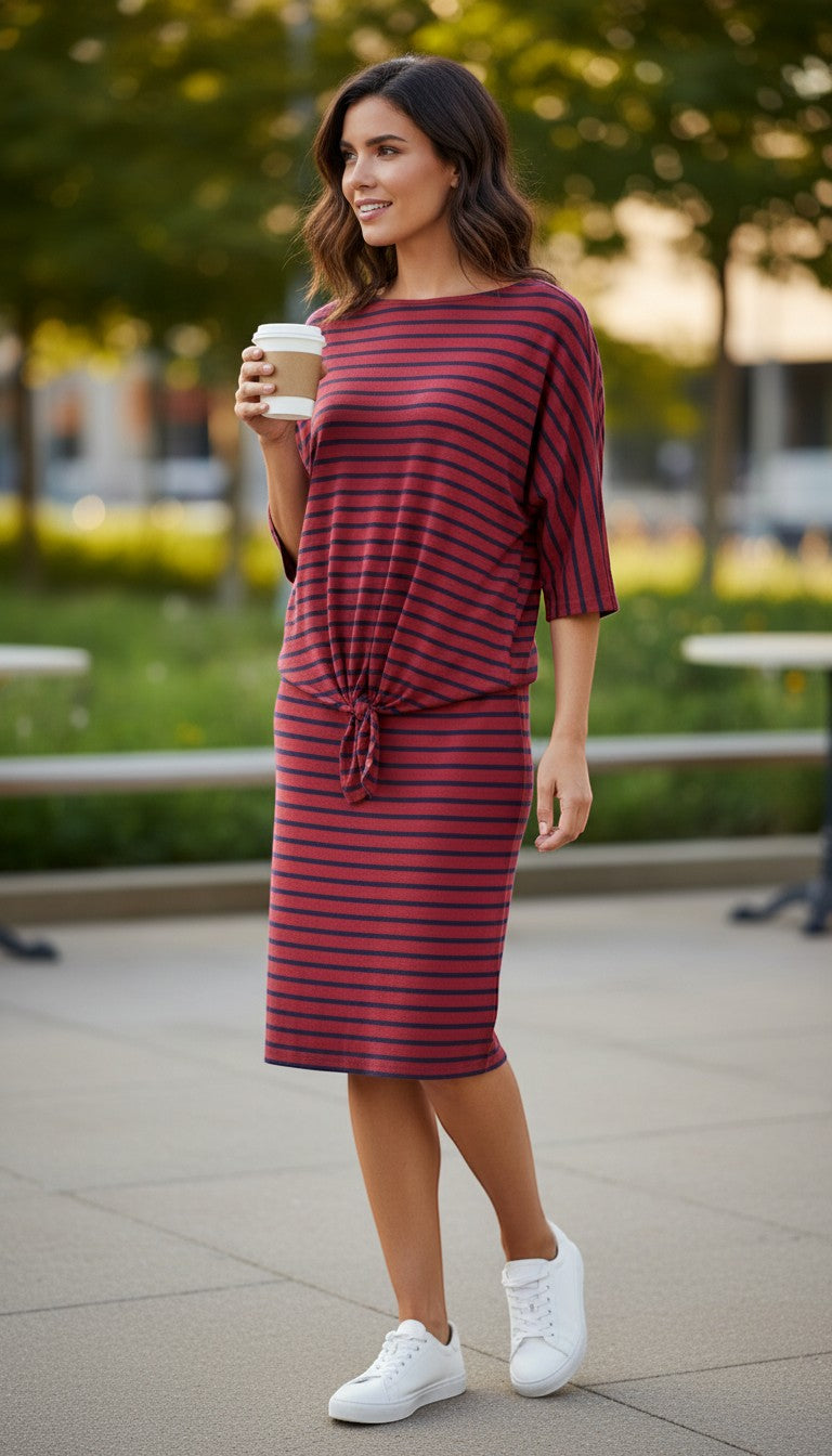Frippindealz long striped dress in bordeaux and navy blue. Viscose-polyester blend with a tie-front detail.