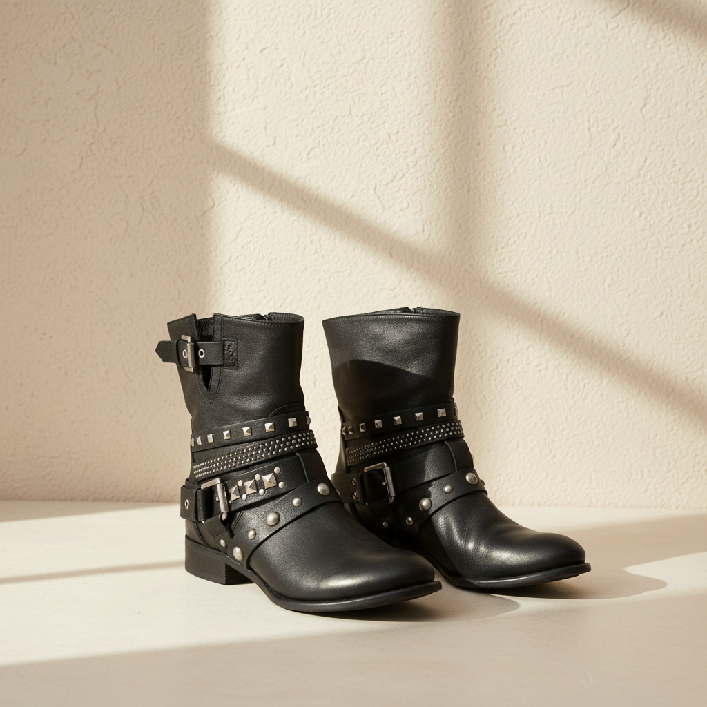 Bottes biker Frippindealz en cuir noir avec clous argentés et boucles décoratives pour un style rock