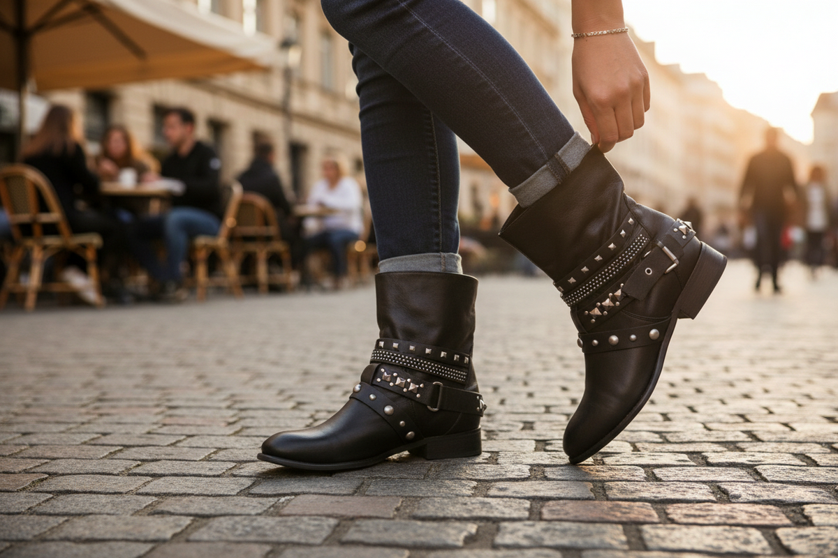 Bottes biker Frippindealz en cuir noir pour femme avec clous argentés décoratifs et brides à boucle