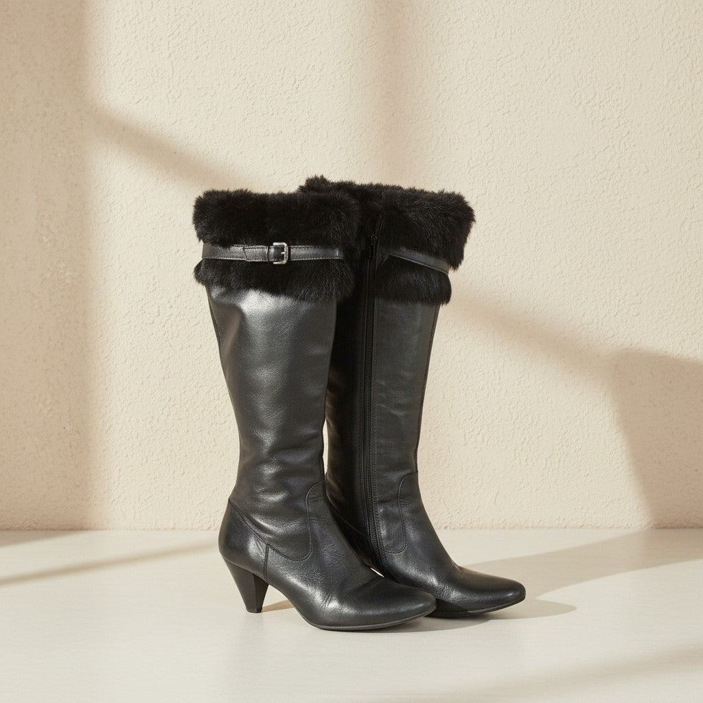 Bottes hautes Frippindealz en cuir noir avec bordure en fourrure et petit talon, style élégant et glamour