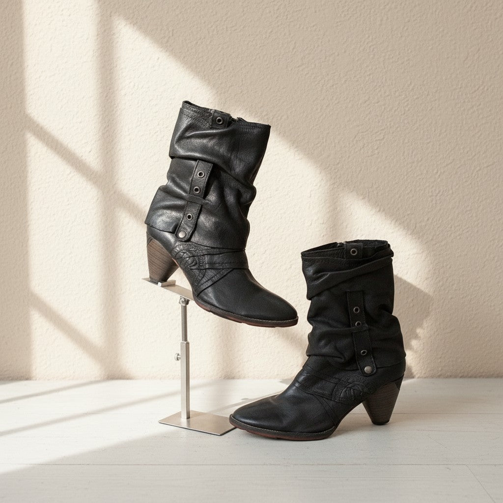 Bottes mi-haute Frippindealz Brako en cuir noir avec brides décoratives, œillets métalliques et talon stable