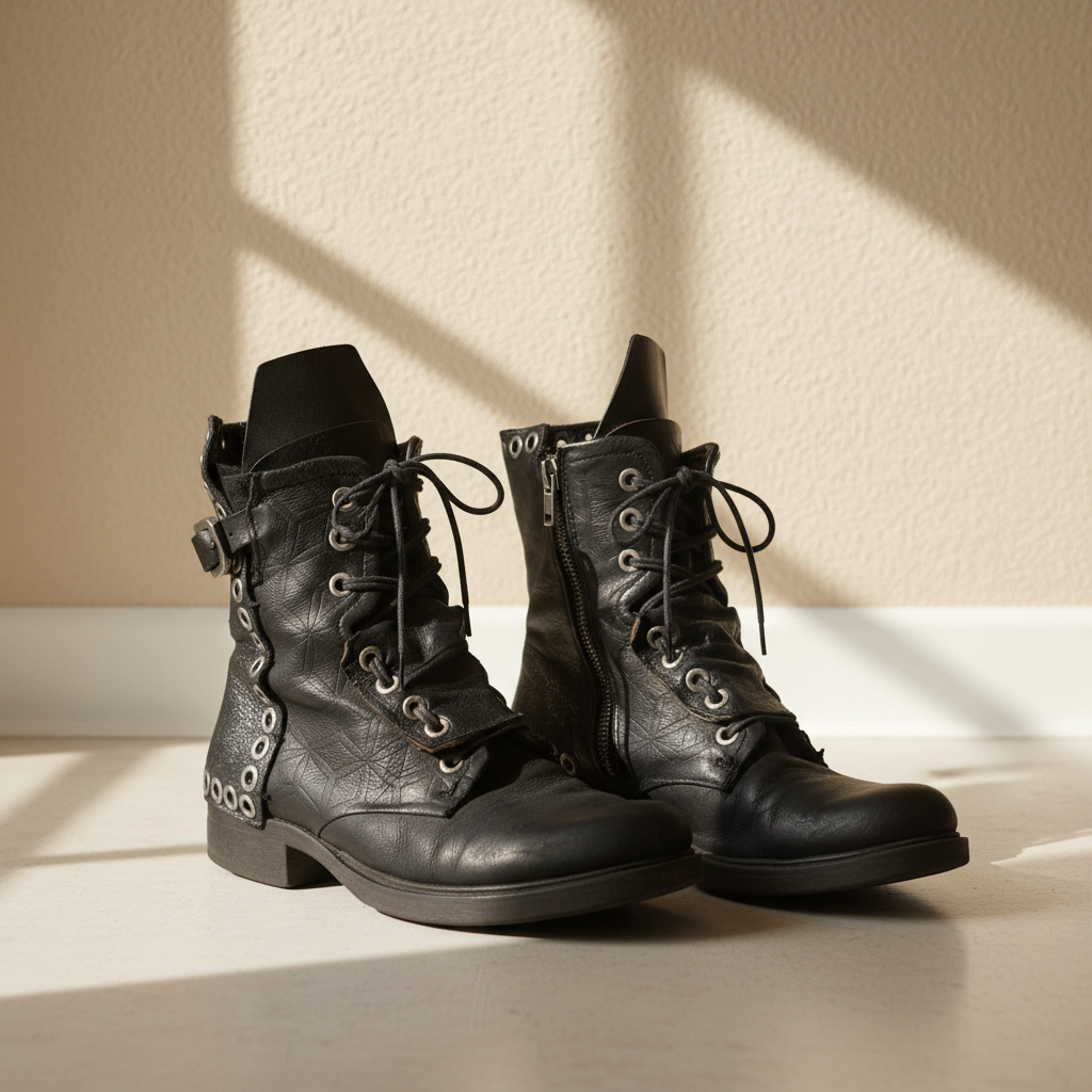 Bottes femme Frippindealz A.S.98 en cuir noir avec œillets métalliques, lacets et boucle réglable