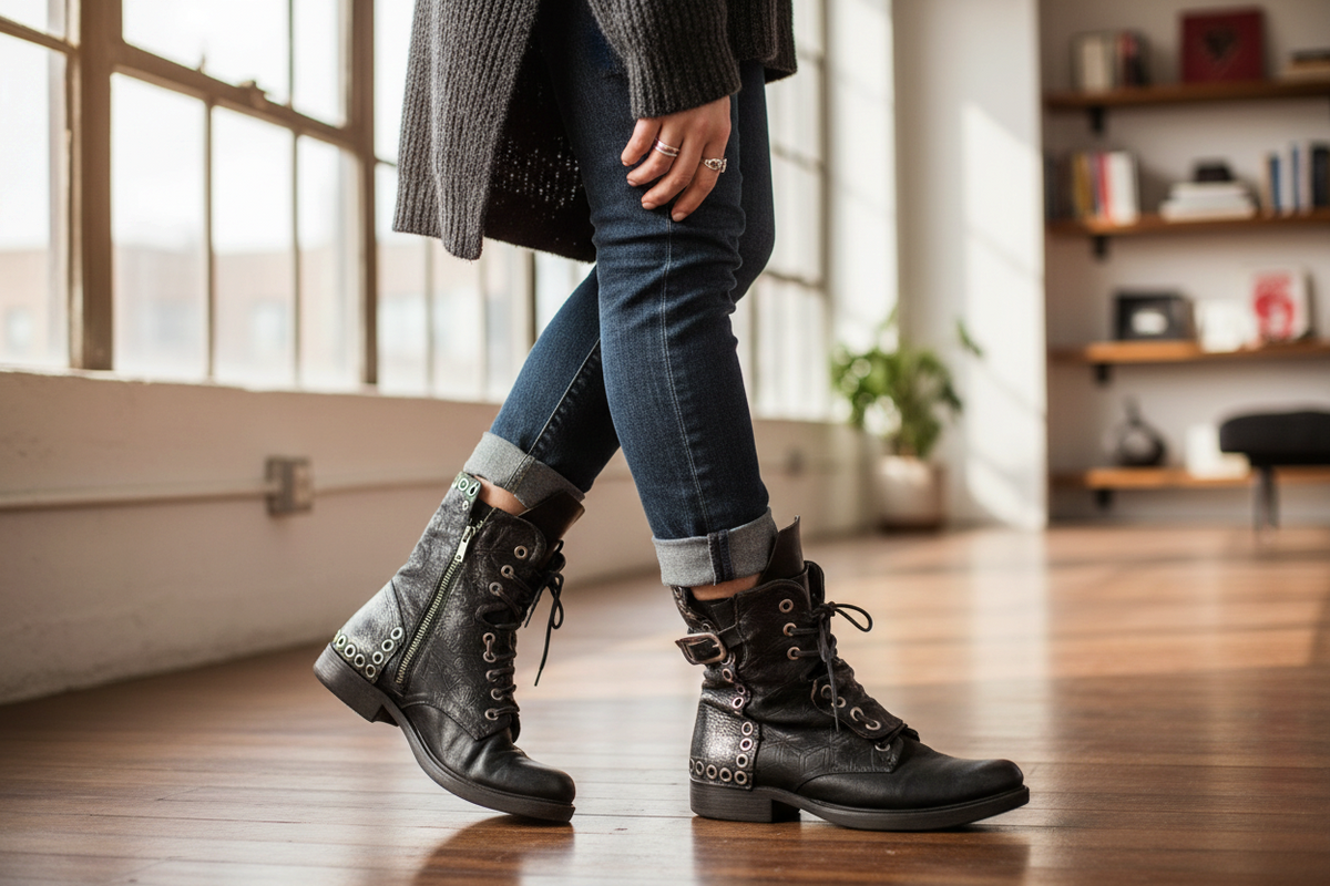 Bottes femme Frippindealz A.S.98 en cuir noir avec lacets, œillets métalliques et boucle, portées avec un jean