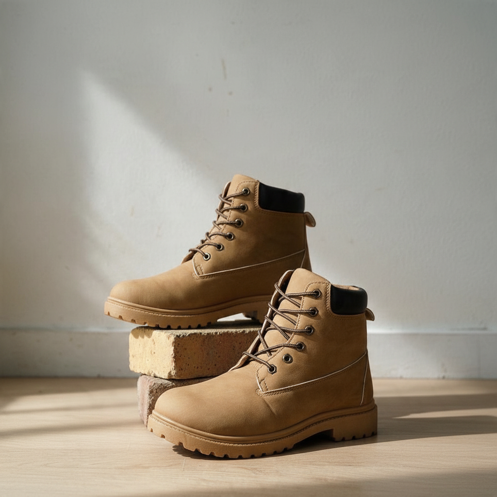 Bottes homme Frippindealz marron clair avec col noir, lacets ronds et semelle crantée robuste pour un style outdoor