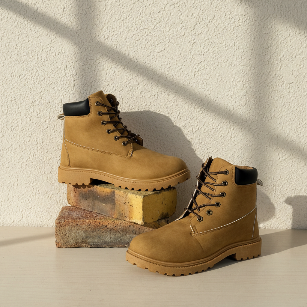 Bottes Frippindealz pour homme en marron clair avec col noir, lacets robustes et semelle crantée sur des briques