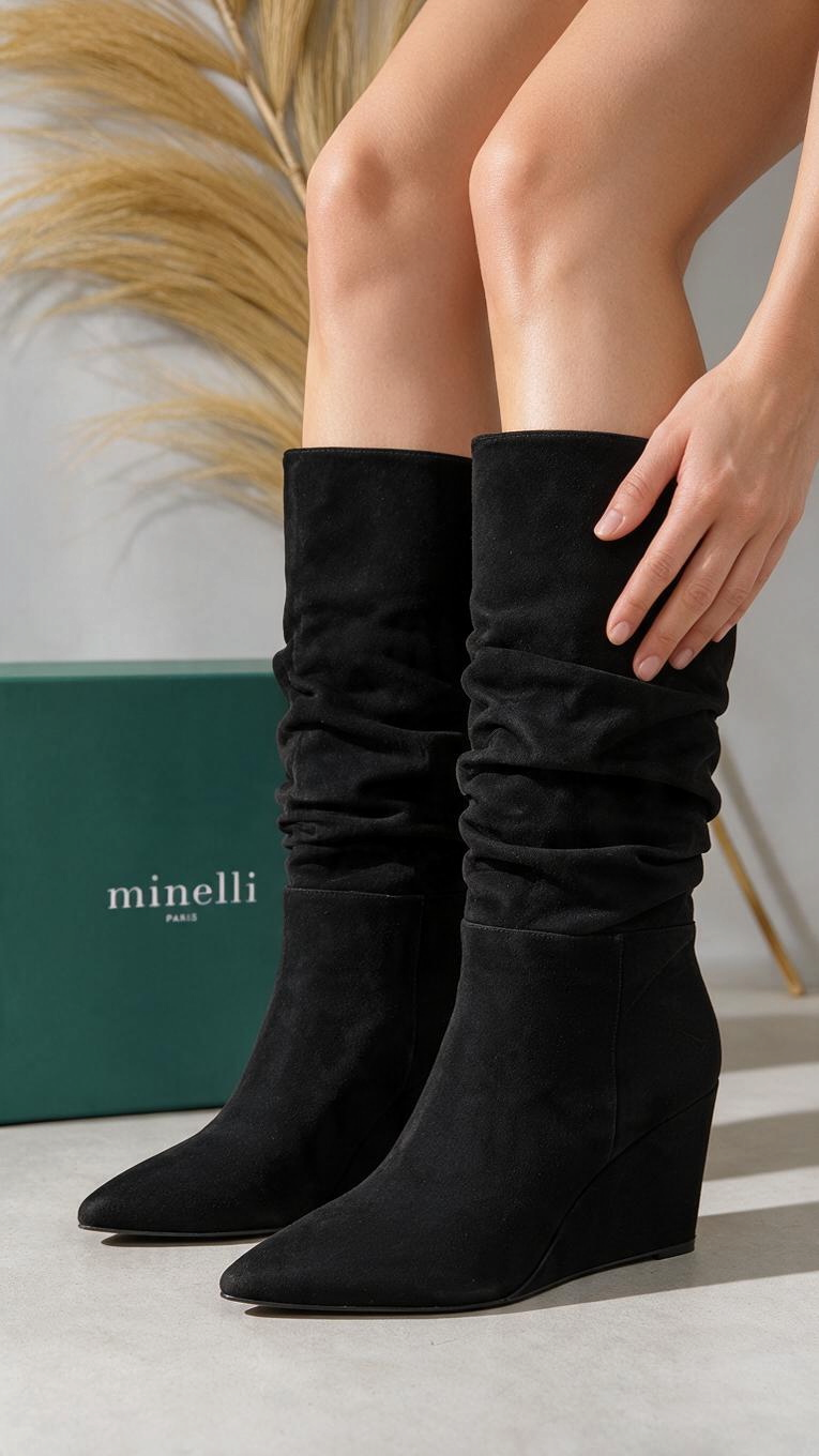 Bottes Frippindealz Minelli en nubuck noir avec talon compensé, portées sur un mannequin, style élégant et chic.