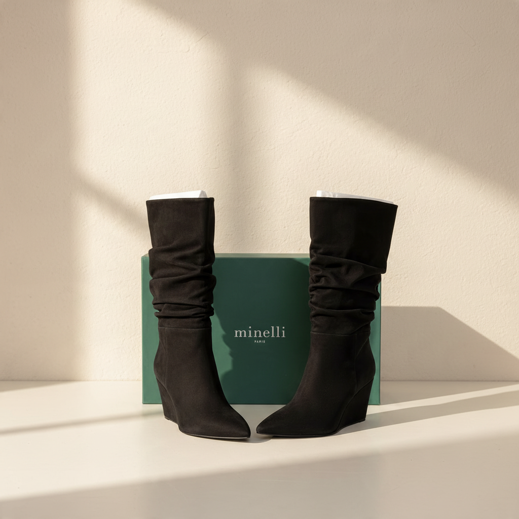 Bottes Frippindealz Minelli en nubuck noir avec talon compensé, présentées devant leur boîte d'origine