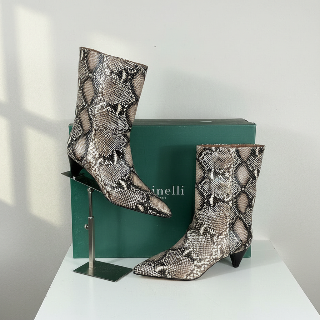 Bottes mi-hautes Frippindealz Minelli en cuir beige à imprimé python avec bout pointu et petit talon fin