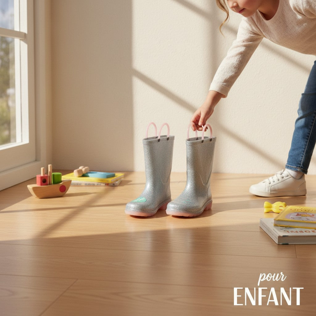 Bottes de pluie Frippindealz Western Chief argentées pailletées avec anses roses pour enfant