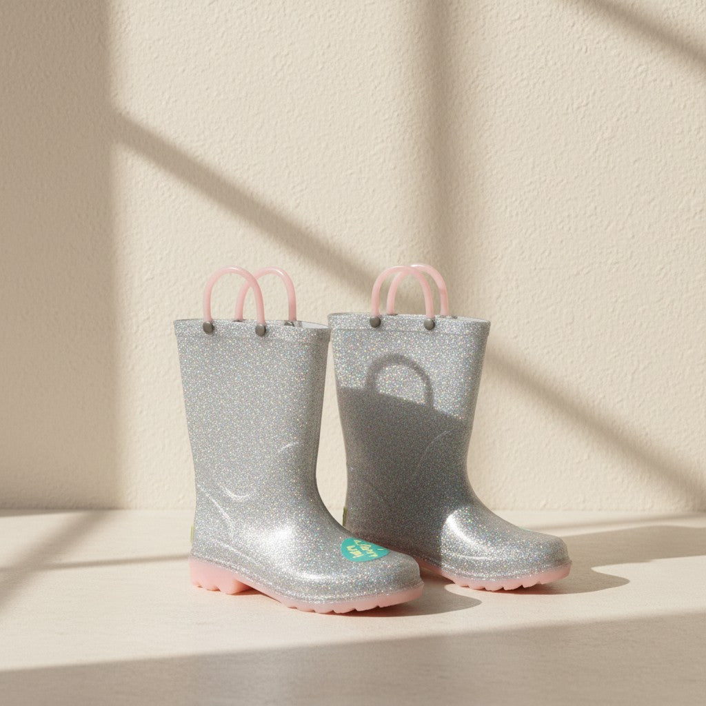 Bottes de pluie Frippindealz Western Chief argentées pailletées avec anses roses pour enfant taille 30