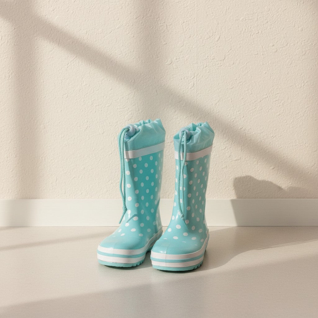Bottes de pluie Frippindealz Playshoes bleu clair à pois blancs avec collerette ajustable et semelle crantée