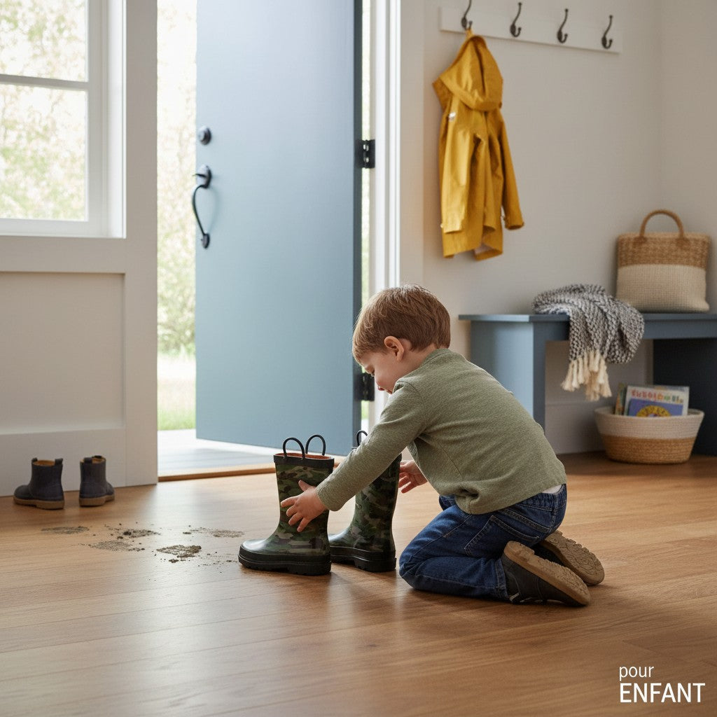 Enfant agenouillé enfilant des bottes de pluie Frippindealz Western Chief en caoutchouc vert à motif camouflage