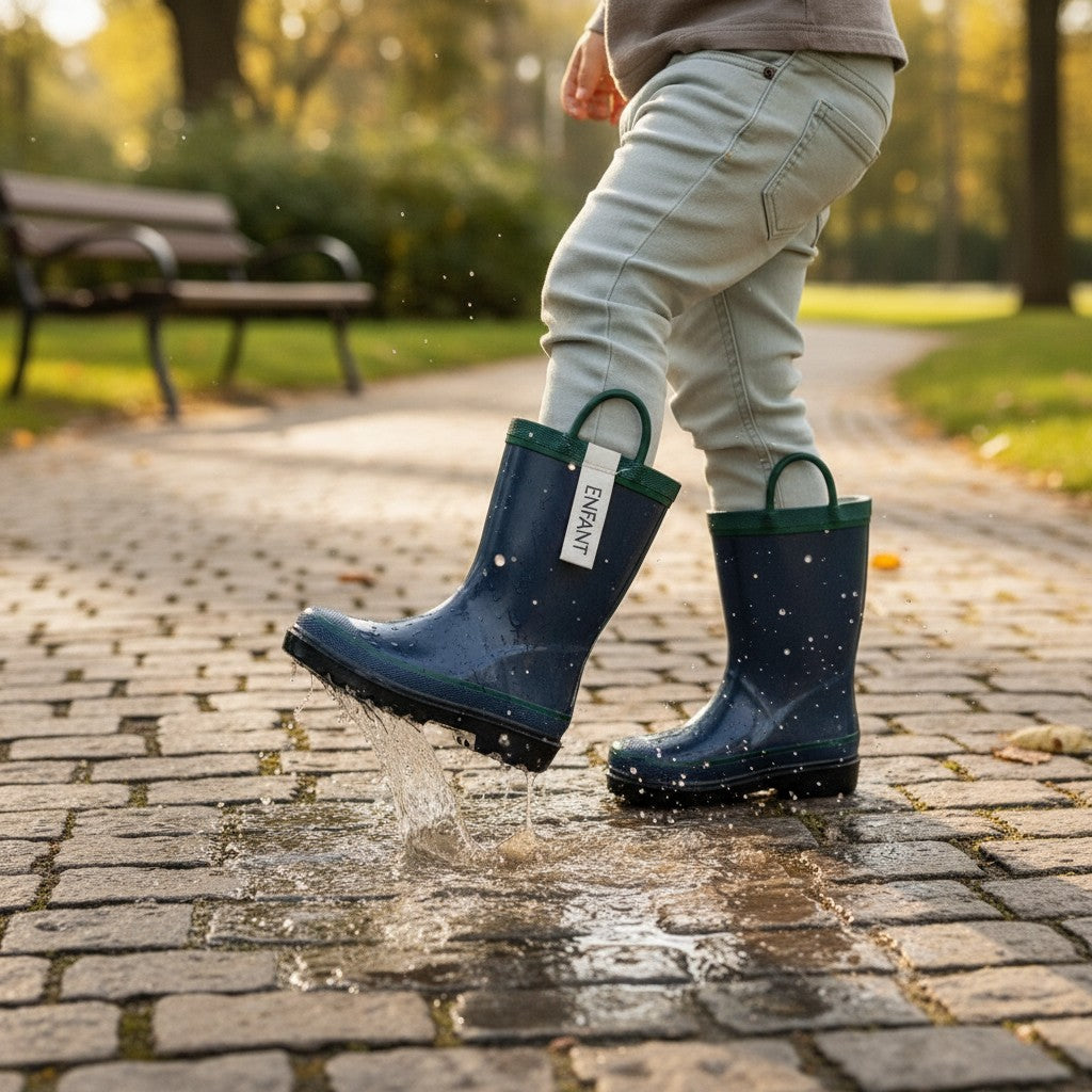 Bottes de pluie Frippindealz Western Chief bleu marine en caoutchouc avec poignées pour enfant sautant dans une flaque
