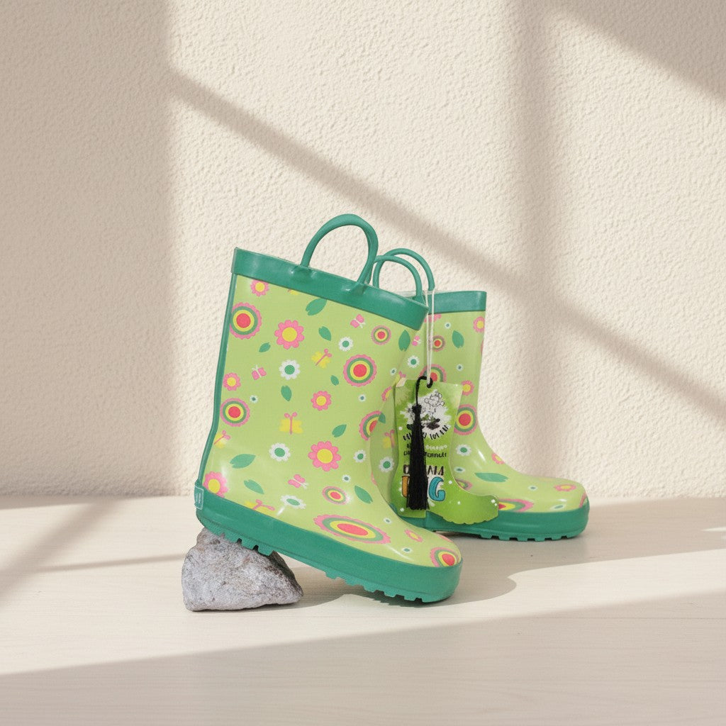 Bottes de pluie Frippindealz Mucky Wear en caoutchouc vert avec imprimé floral et poignées pour enfant