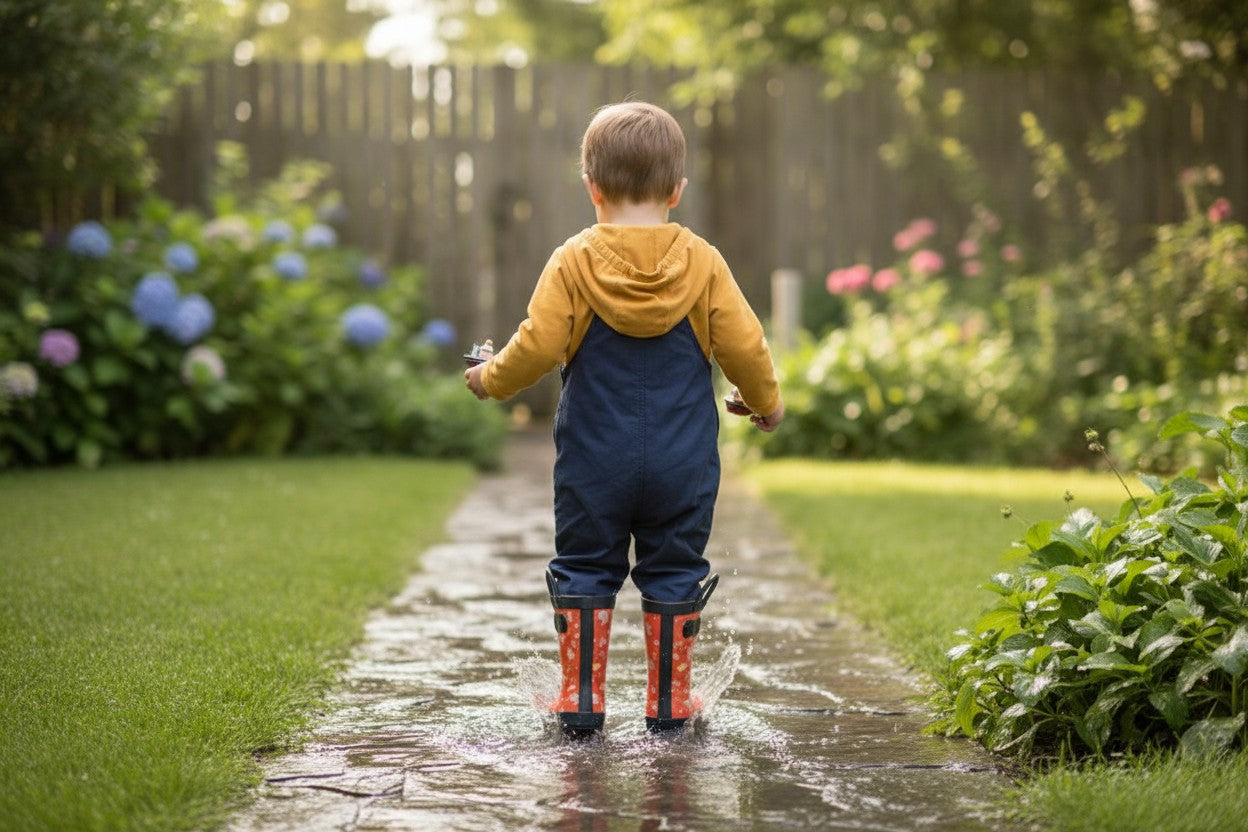 Enfant portant des bottes de pluie orange Mucky Wear avec motif cochon, sautant dans une flaque d'eau chez Frippindealz