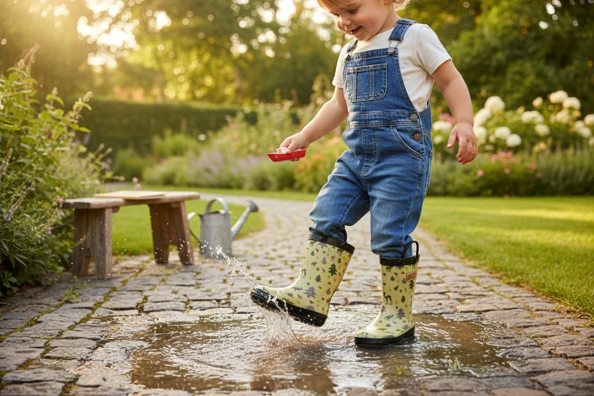 Enfant portant des bottes de pluie Frippindealz Mucky Wear vertes à motifs forêt en sautant dans une flaque d'eau